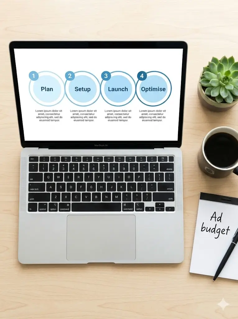 4‑step paid ads management process – plan, setup, launch, optimise – MZA Technologies
