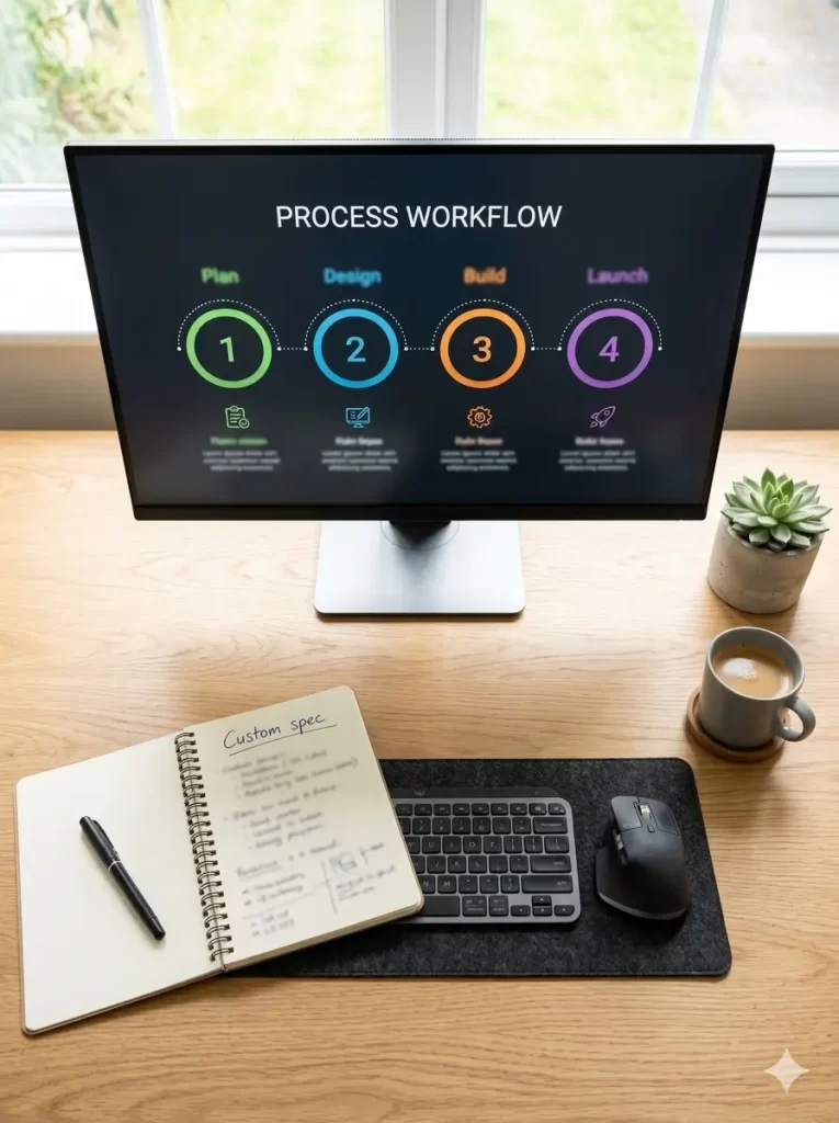 4‑step custom code development process – discovery, architecture, development, deployment – MZA Technologies