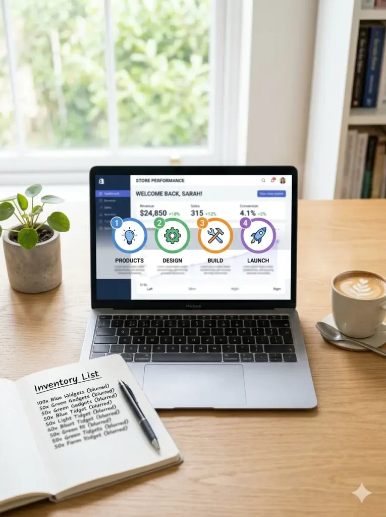 4‑step e‑commerce development process – product, design, build, launch – MZA Technologies