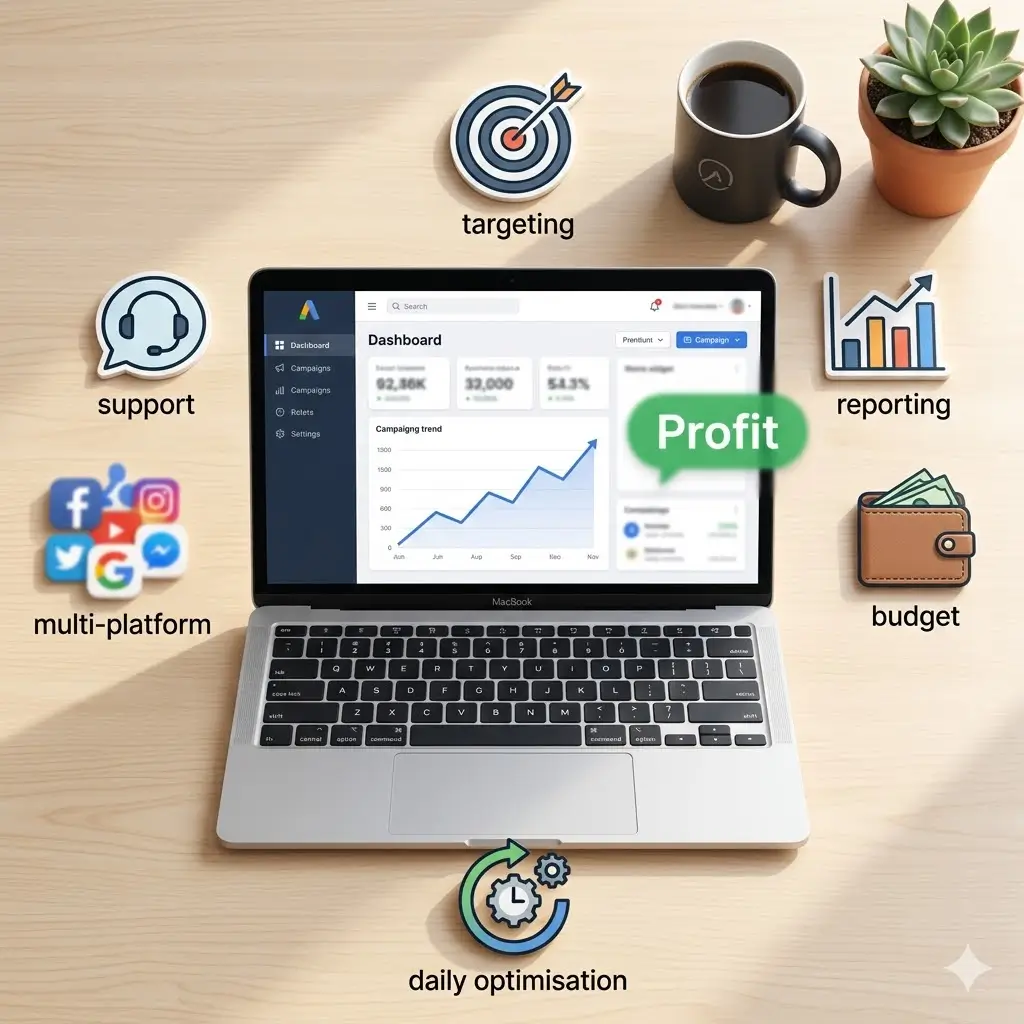 Paid ads management benefits – targeting, reporting, budget, optimisation, multi‑platform, support – MZA Technologies
