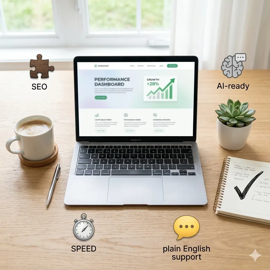 MZA Technologies web development benefits – SEO‑first, AI‑ready, speed, and plain English support