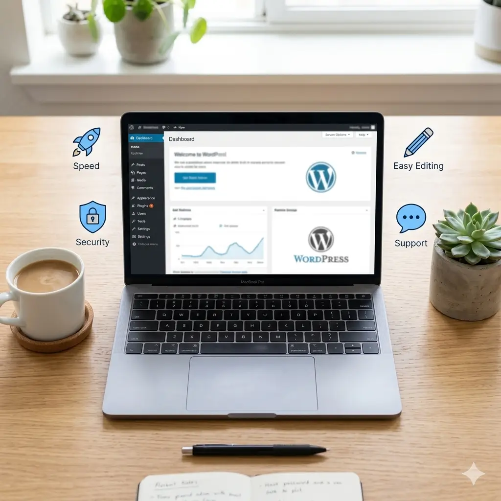 WordPress dashboard with icons representing security, speed, easy editing, and support – MZA Technologies web development benefits